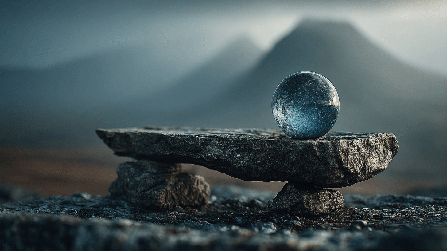 מאזניים עתיקים מאבן על פסגת הר — כדור כהה כבד מול כדור זכוכית חלק וחסר משקל, כובד ההחלטות האנושיות מול קלילות הבינה המלאכותית