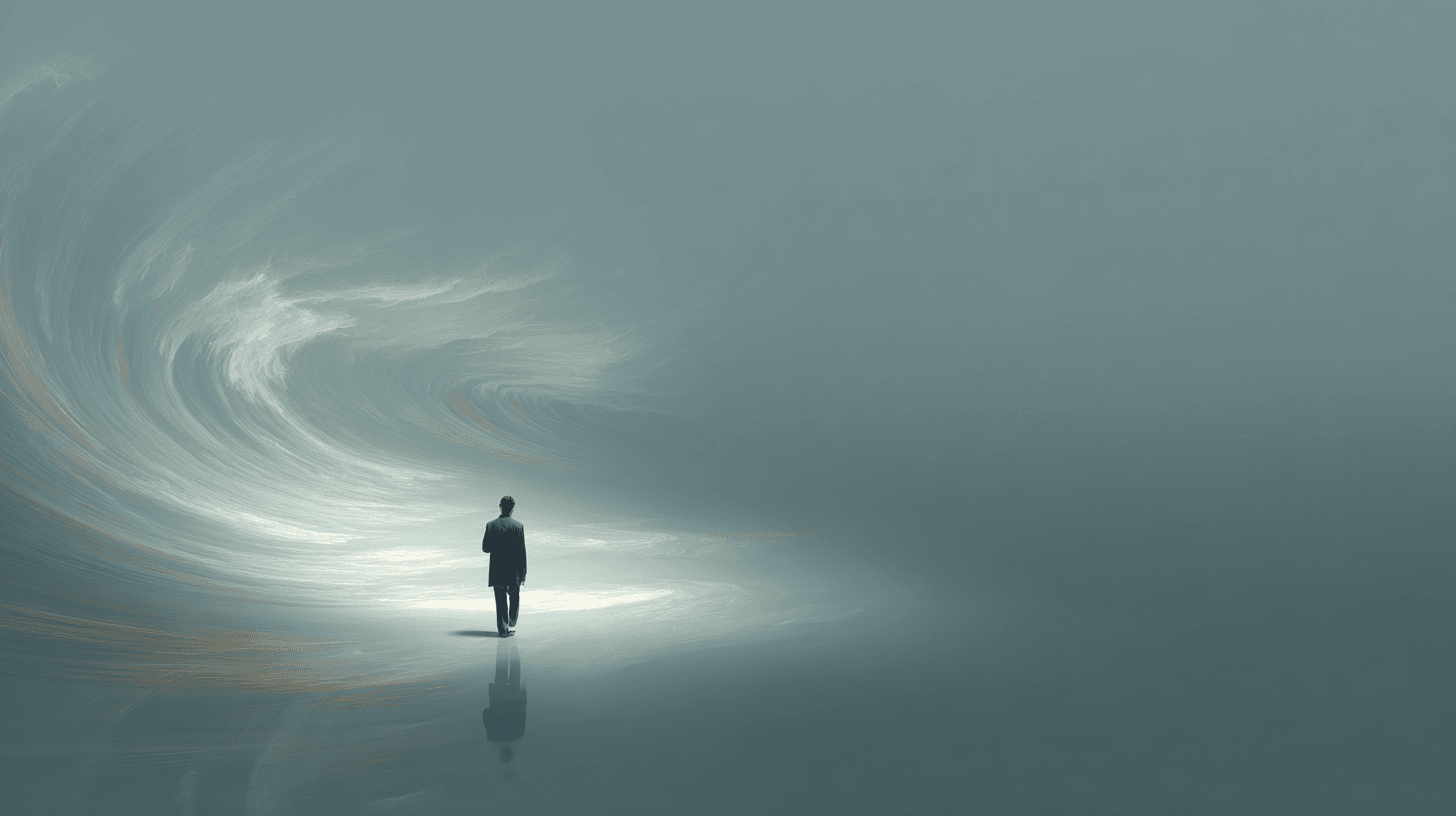 דמות אנושית בודדת עומדת בחלל לבן ריק, שכבות שקופות של זיכרונות ורגשות סובבות אותה — תודעה עצמית כבנייה נרטיבית