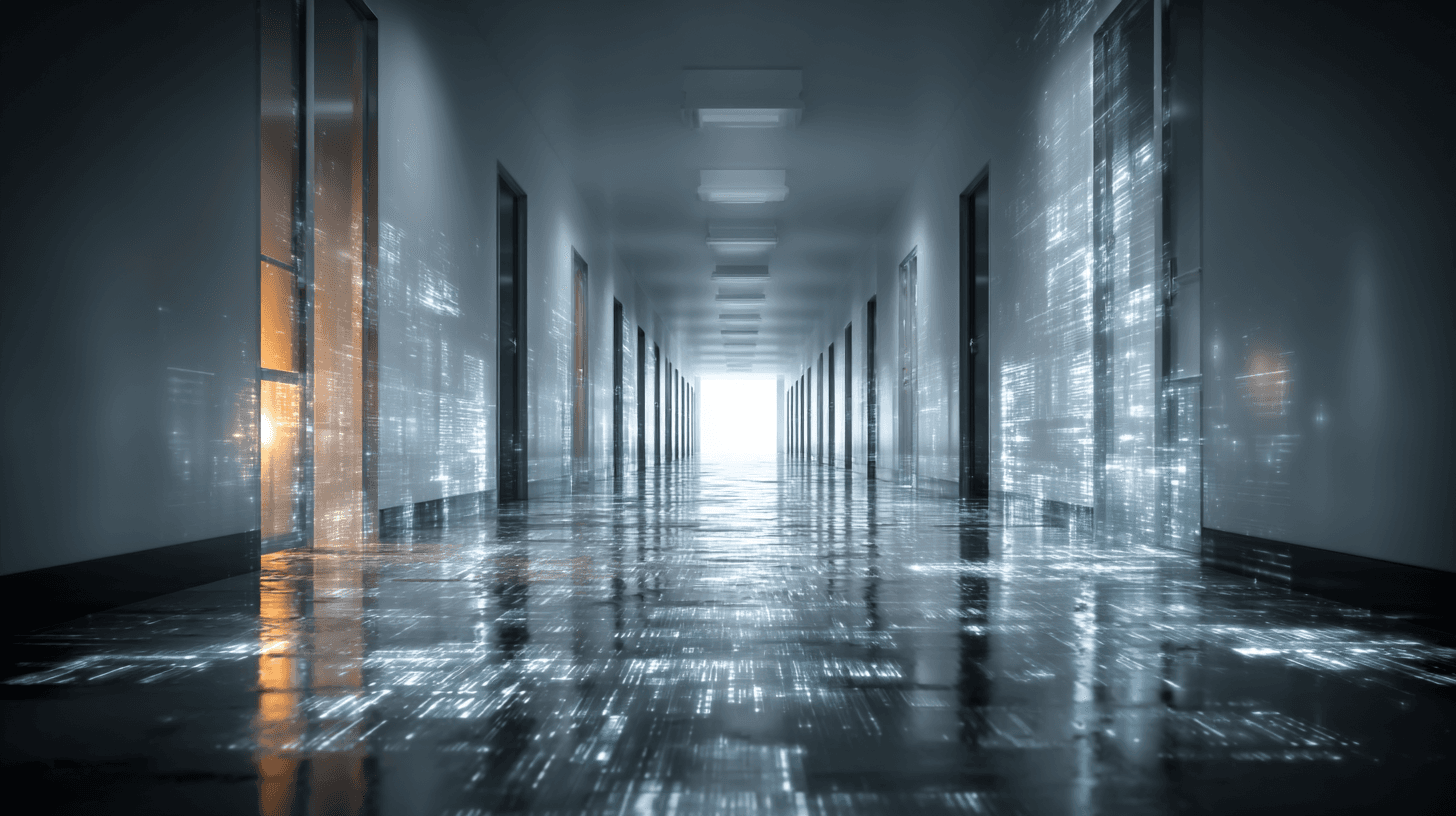 מסדרון בית חולים ארוך עם דלתות מקצועיות בזכוכית חלבית, בסופו חלון גדול שבו הקירות מתפוררים לפיקסלים — התיישנות המקצועות בעידן הבינה המלאכותית