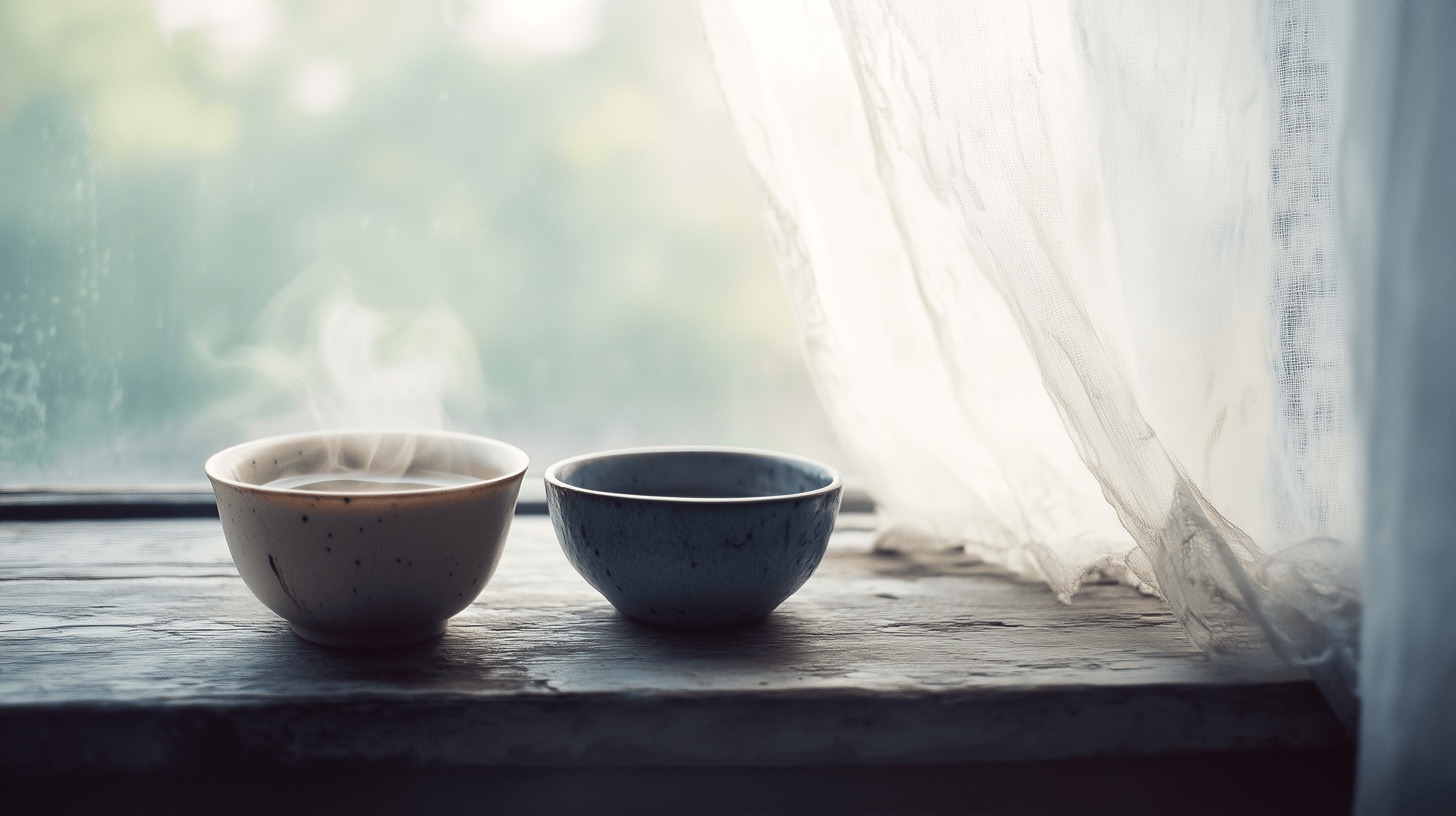 שני כוסות תה קרמיקה על אדן חלון בלוי, אחת מלאה ומהבילה ואחת ריקה וסדוקה, אור בוקר רך — השירה השקטה של קשרים נבחרים
